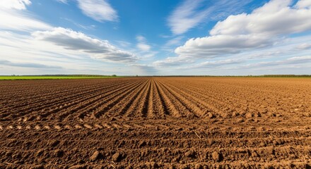 Obraz premium Freshly plowed agricultural field with symmetrical soil rows under a vibrant blue sky with clouds