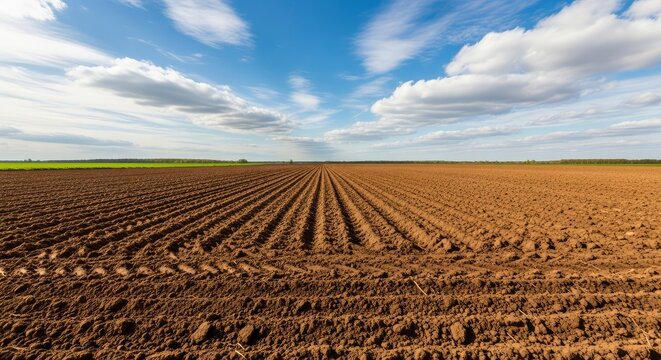 Freshly plowed agricultural field with symmetrical soil rows under a vibrant blue sky with clouds