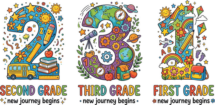 Decorative Vector Numbers 1 2 3 First Second Third Grade New Journey Begins Back to School Graphic Set