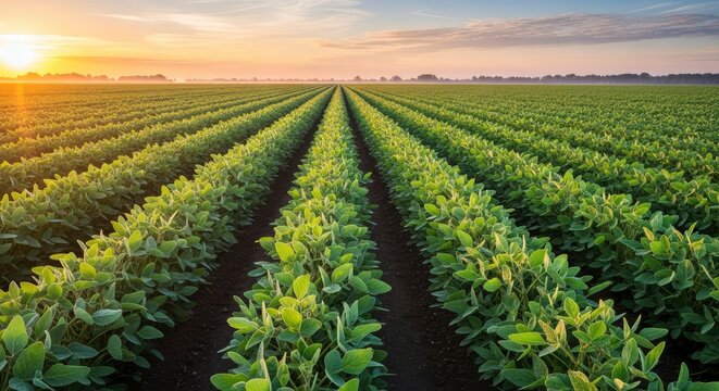 Lush Green Soybean Field at Sunrise, Rows of Young Soya Bean Crops in Agricultural Landscape
