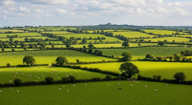 Panoramic view of rolling green hills and sheep grazing in the English countryside, rural patchwork landscape under a summer sky