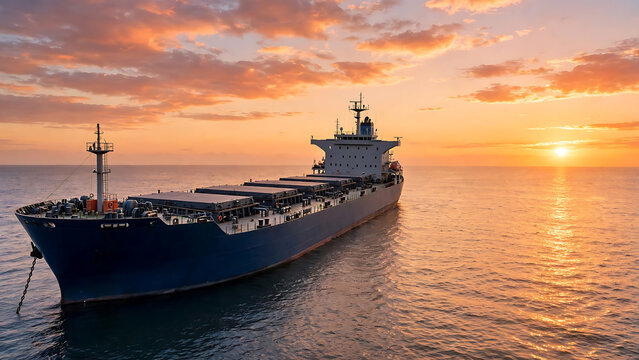 Large cargo ship sailing on the ocean during a beautiful sunset