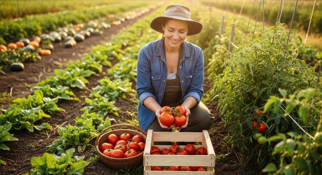 Smiling Female Farmer Harvesting Fresh Red Tomatoes into a Wooden Crate and Basket in a Field at Sunset, Organic Farming and Sustainable Agriculture Concept