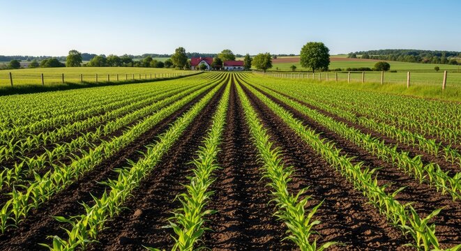 Panoramic View of Young Corn Plants Growing in Symmetrical Rows on a Farm Under a Clear Blue Sky