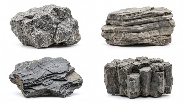 Natural stone collection with four grey rock specimens, textured mineral boulders on white background, geological granite and basalt elements