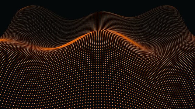 Abstract 3D wave background with glowing orange digital particles in a modern dark futuristic style