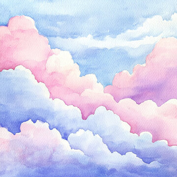 Watercolor painting of soft, dreamy pastel clouds in shades of blue, pink, and lavender, with visible paper texture