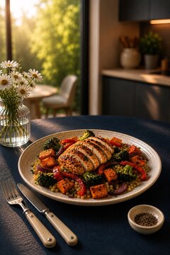 Plate grilled chicken vegetables couscous table sunlight