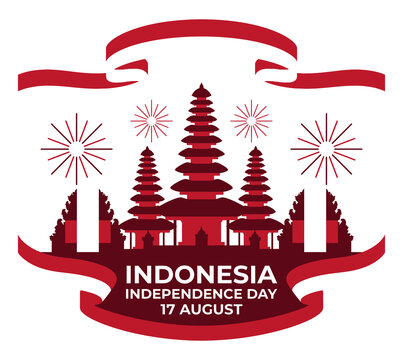 Indonesian independence day celebration design with traditional Balinese temple candi and ribbon vector
