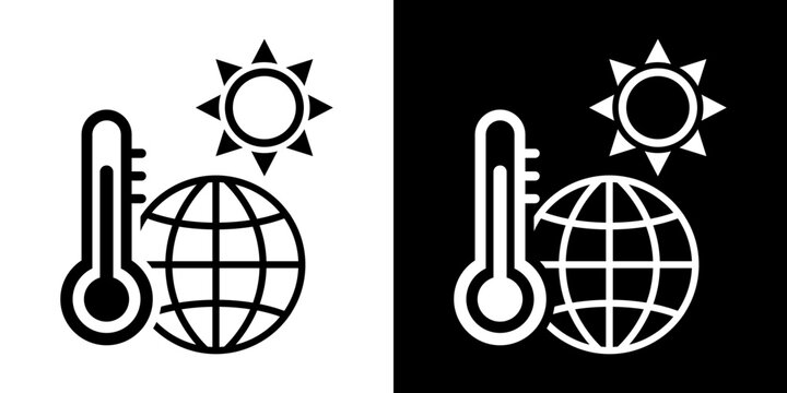 Global warming icon with thermometer, sun, and Earth map vector graphic. Set of black and white line icons representing hot weather, summer heat, and climate change.
