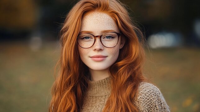 Natural beauty portrait of a redhead wearing round glasses and cozy knit sweater in autumn setting, with soft bokeh background creating dreamy atmosphere and warm tones