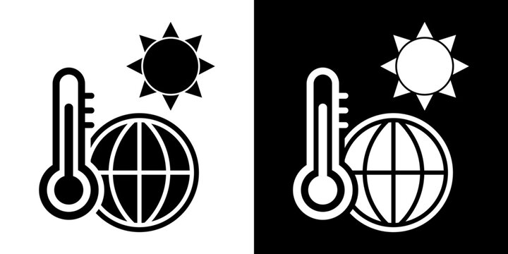 Global warming icon with thermometer, sun, and Earth map vector graphic. Set of black and white line icons representing hot weather, summer heat, and climate change.