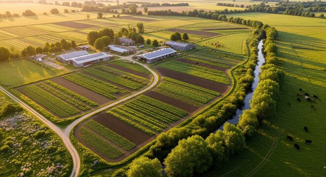 Aerial view of a sustainable organic farm at sunset, featuring orderly crop rows, solar-powered barns, a winding river, and cattle grazing in lush pastures.