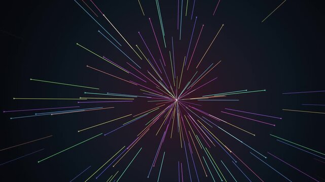 Abstract neon light trails bursting from center, dynamic particle explosion background, for motion and, digital tech presentations