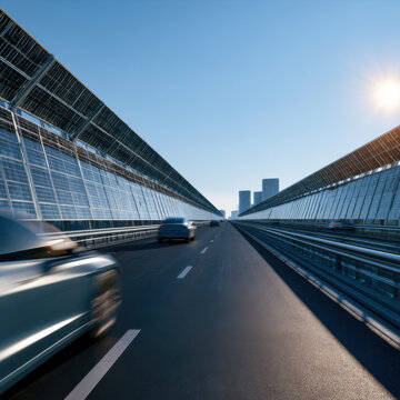 Motion blur of car speeding on highway with solar panel noise barriers and city skyline