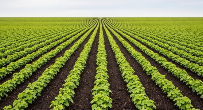 Vast Agricultural Field with Perfectly Straight Rows of Young Green Crops Extending to the Horizon