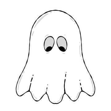 A cute hand drawn cartoon ghost character illustration.