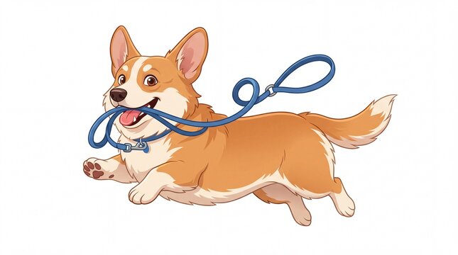 Happy corgi dog running with a blue leash held in its mouth on white background