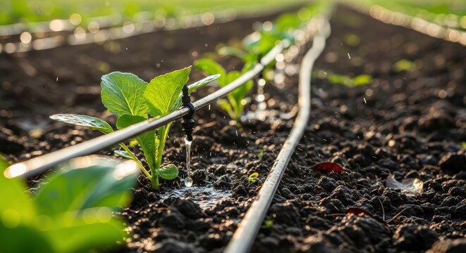 Close-up of a drip irrigation system watering a young vegetable sprout in a farm field at sunset, efficient agricultural water management concept