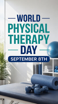 World Physical Therapy Day September 8th Banner with Fitness Equipment