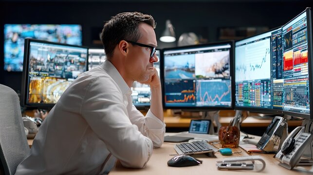 Financial Trader at Work: A focused financial trader, wearing glasses and a white shirt, analyzes complex market data displayed across multiple monitors in a modern trading room.