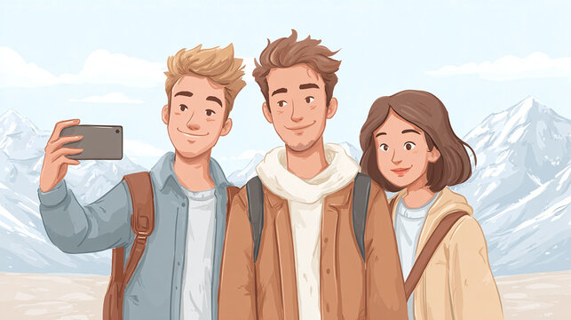 Capture the Joy of Friendship and Adventure: A Fun Selfie at Stunning Mountain Landscape &ndash; Perfect for Travel Enthusiasts and Memory Makers!