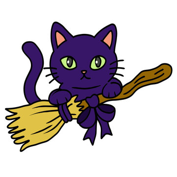 Cute cartoon purple cat flying on a magic broomstick for Halloween.