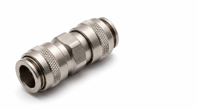 Shiny metallic pneumatic hose connector isolated on white background featuring intricate knurled texture for industrial assembly