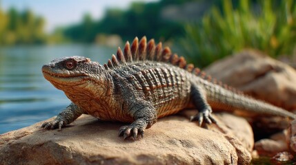 Fototapeta premium Spiky Lizard on Rocky Shore: A prehistoric-looking lizard with a prominent spiny crest basks on a sun-drenched rock by the calm waters of a lake, its ancient eyes surveying the serene landscape.