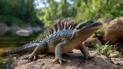 Fototapeta premium Basilisk Lizard in Nature: A green basilisk lizard with a spiny crest on its back stands on a rock near a stream, surrounded by lush green vegetation.