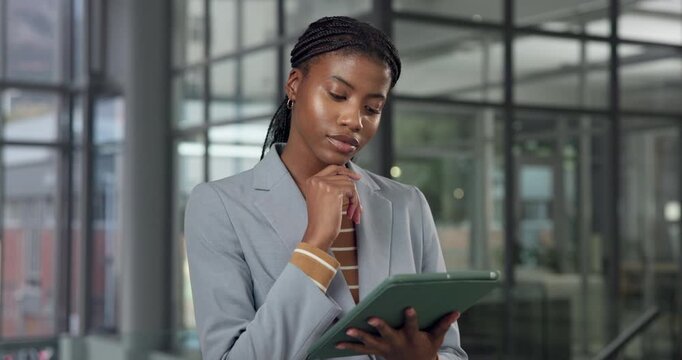 Tablet, idea and black woman in office for business, risk mitigation or reading insurance report. Thinking, broker and person in company with tech, problem solving or claims decision with policy