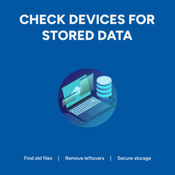 Data storage security vector illustration, check devices for stored data concept with laptop and server icons, digital information management and file cleanup for cyber safety.