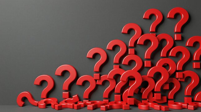 Heap of red question marks on dark background. Symbols signify confusion, doubt, and important queries. Great for topics about uncertainty, problem solving, and research challenges.