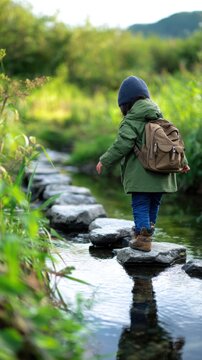A child carefully traverses rocky stepping stones across a serene stream surrounded by greenery