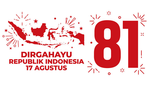 81 Dirgahayu Republik Indonesia typography greeting banner with map silhouette and celebratory fireworks
