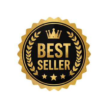 A premium golden best seller badge with a crown and laurel wreath design on a black background isolated on a white studio background for marketing