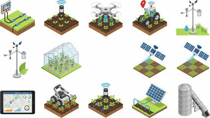Naklejka premium Isometric Smart Agriculture Set with IoT Devices, Drones, and Automated Systems