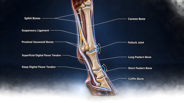 Detailed anatomical illustration of equine distal forelimb structure showing bones tendons ligaments with presents labeled anatomical anatomical diagram horse