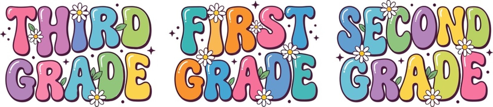 Retro Groovy First Second Third Grade Typography Vector Set Daisy Flower Decorative Back to School Lettering Design