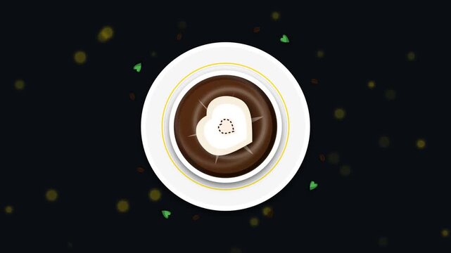 Top view vector illustration of coffee cup with heart latte art and floating petals on dark background