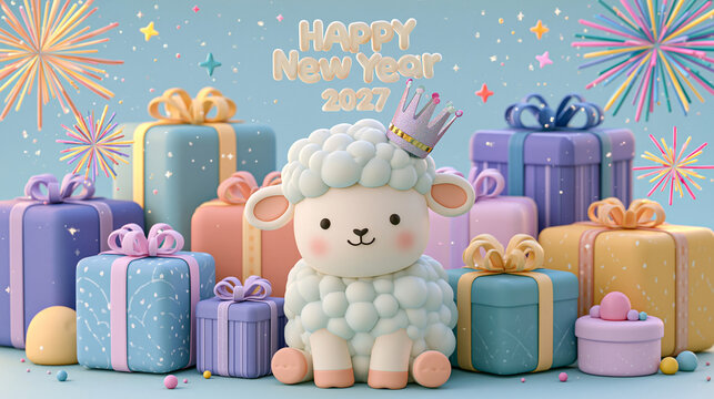 Cute 3D Lamb With Gifts Happy New Year 2027 Illustration
