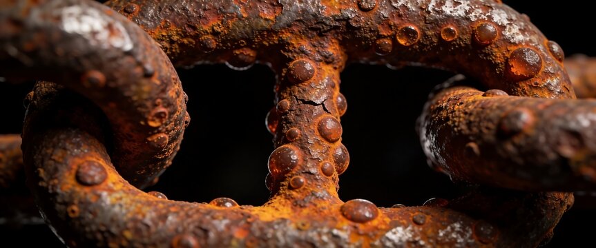 Close-up of heavily rusted metal chain links with thick orange oxidation bubbles