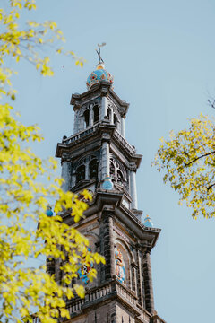 Stunning church tower reaching towards a clear sky