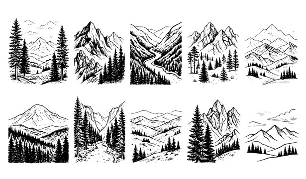 Wilderness mountains and pine forest hand drawn vector collection in vintage engraving style