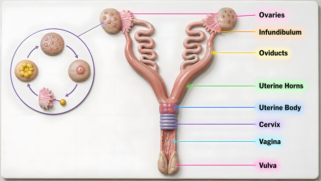 Educational anatomy model displaying bovine female reproductive system with labeled structures with circular diagram with three dimensional anatomical