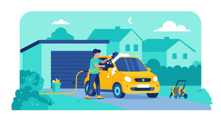 Obraz premium Modern flat vector illustration of a man washing a compact yellow car in front of a garage at night with soap suds, a water hose, and suburban houses in the background under a moon.