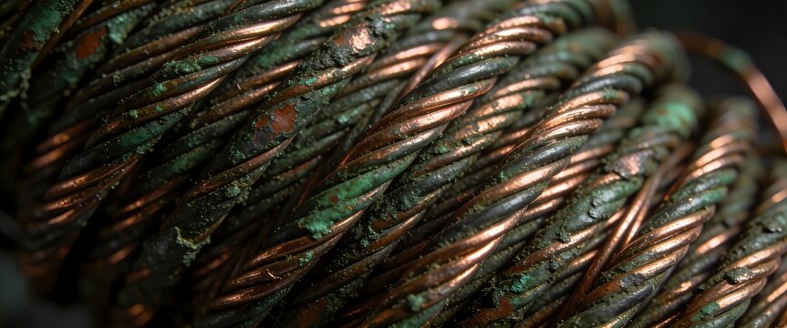 Macro view of weathered oxidized copper cable with green patina texture