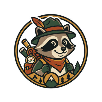 Cartoon raccoon hiker mascot with backpack and mountain gear.