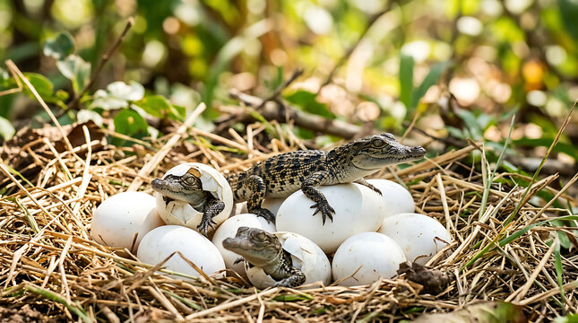 Newborn baby crocodiles hatching from eggs in a natural nest in the wild wilderness