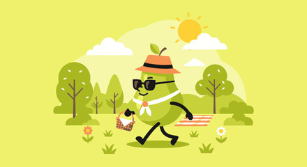 Fototapeta premium Cute anthropomorphic green pear character walking in a park with a picnic basket wearing sunglasses and a hat on a sunny day with trees and clouds flat vector illustration style.